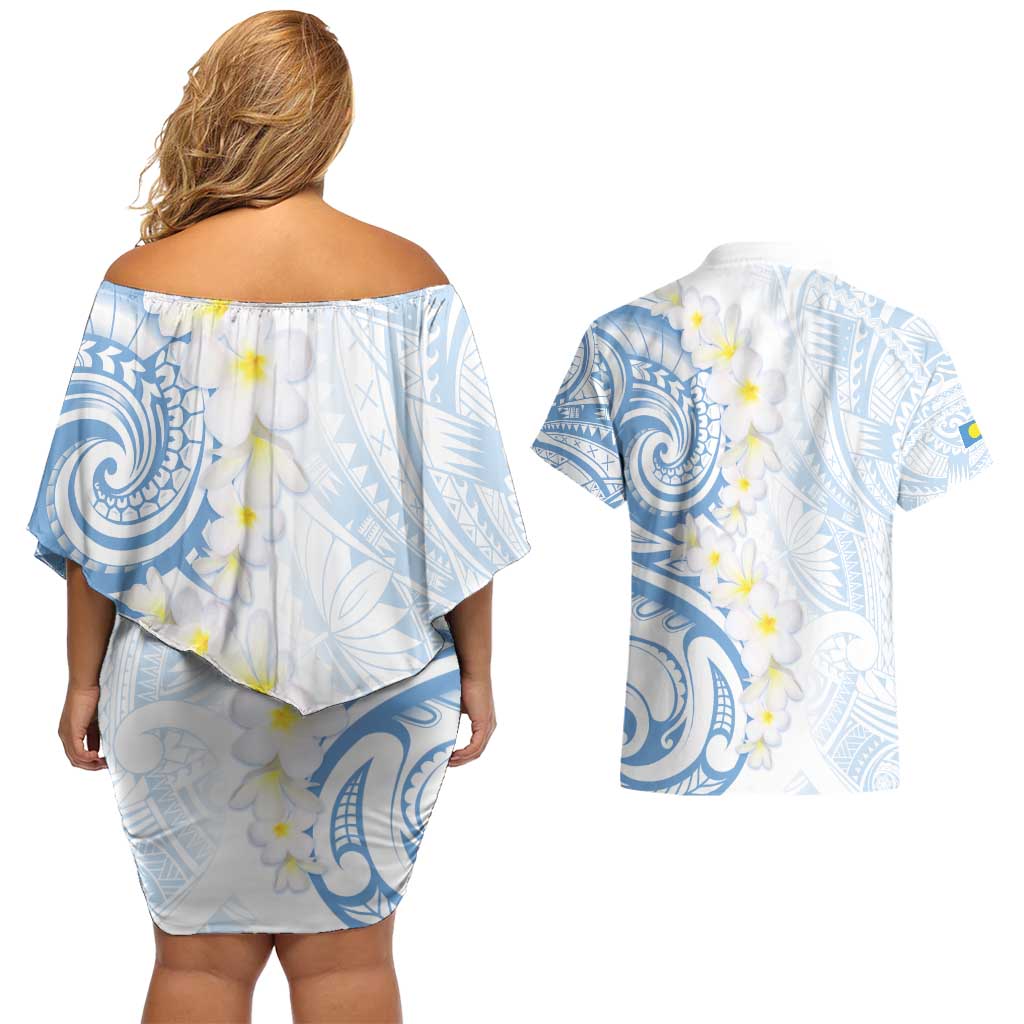 Palau 1981 Tribal Tattoo Couples Matching Off Shoulder Short Dress and Hawaiian Shirt with Belau Plumeria Flowers LT9 - Polynesian Pride