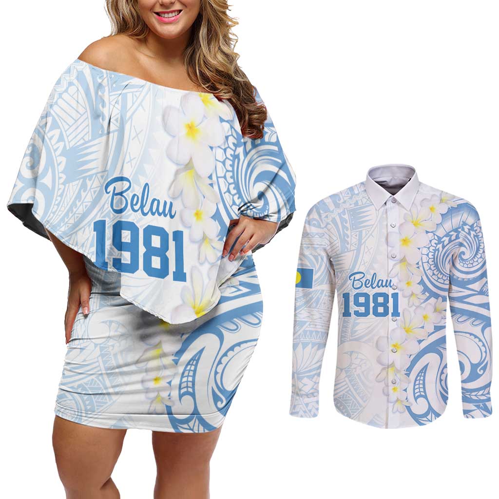 Palau 1981 Tribal Tattoo Couples Matching Off Shoulder Short Dress and Long Sleeve Button Shirt with Belau Plumeria Flowers LT9 White - Polynesian Pride