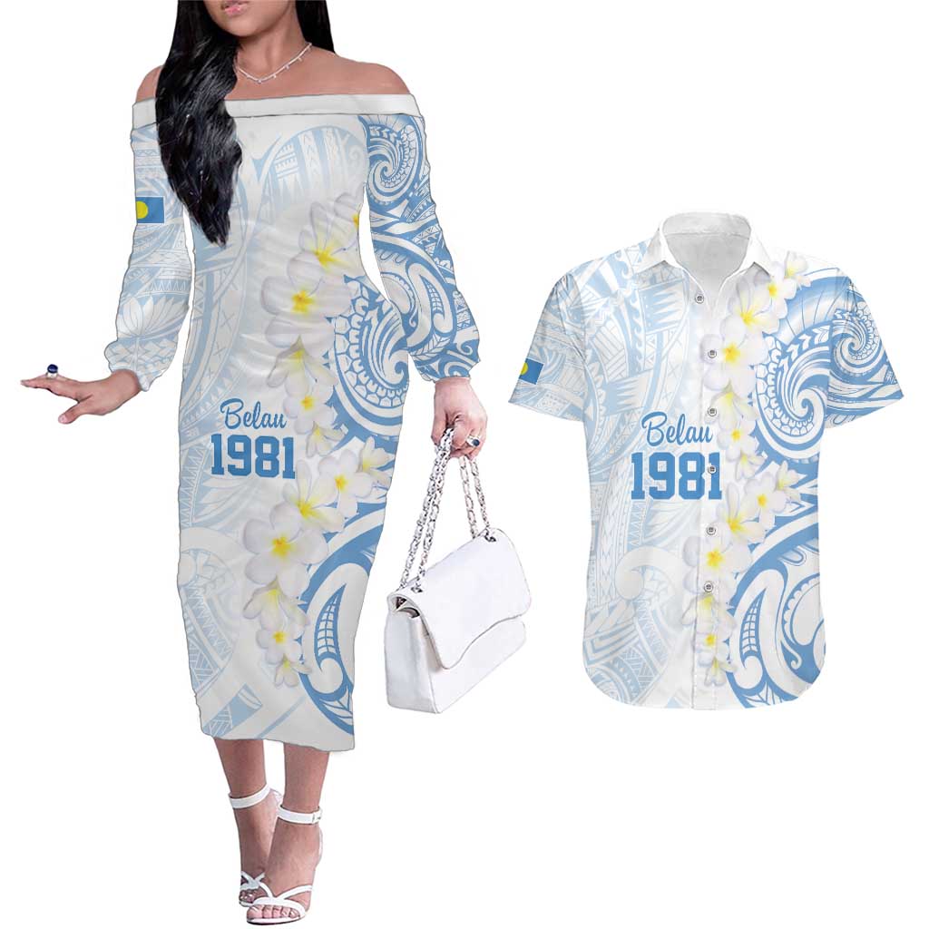 Palau 1981 Tribal Tattoo Couples Matching Off The Shoulder Long Sleeve Dress and Hawaiian Shirt with Belau Plumeria Flowers LT9 White - Polynesian Pride