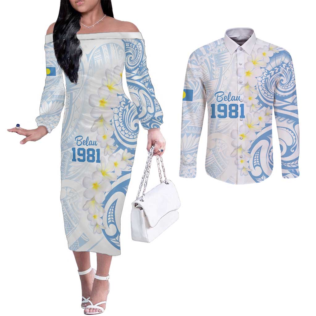 Palau 1981 Tribal Tattoo Couples Matching Off The Shoulder Long Sleeve Dress and Long Sleeve Button Shirt with Belau Plumeria Flowers LT9 White - Polynesian Pride