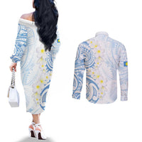Palau 1981 Tribal Tattoo Couples Matching Off The Shoulder Long Sleeve Dress and Long Sleeve Button Shirt with Belau Plumeria Flowers LT9 - Polynesian Pride