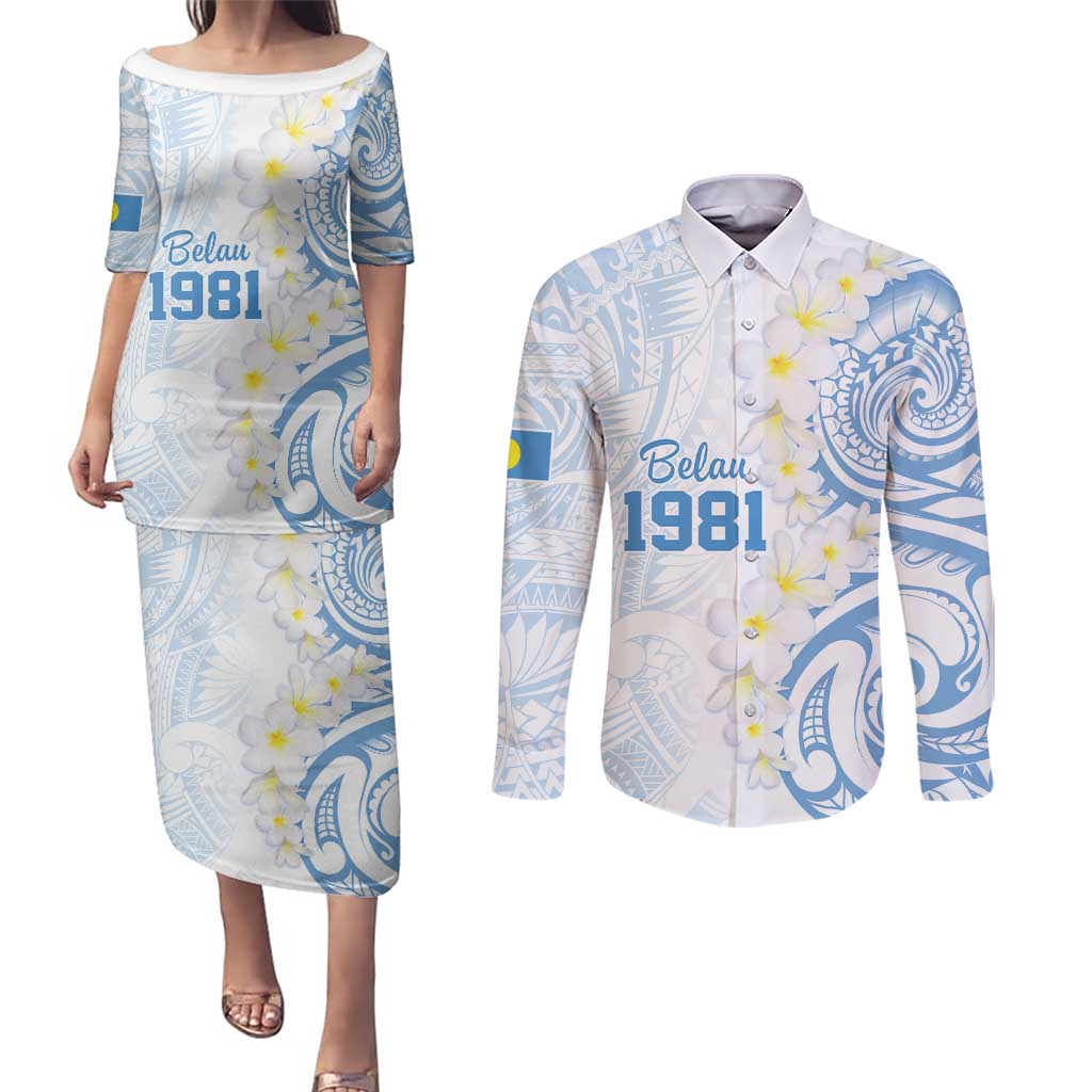 Palau 1981 Tribal Tattoo Couples Matching Puletasi and Long Sleeve Button Shirt with Belau Plumeria Flowers LT9 White - Polynesian Pride