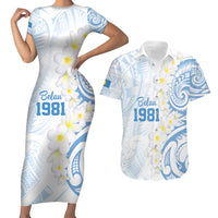 Palau 1981 Tribal Tattoo Couples Matching Short Sleeve Bodycon Dress and Hawaiian Shirt with Belau Plumeria Flowers LT9 White - Polynesian Pride