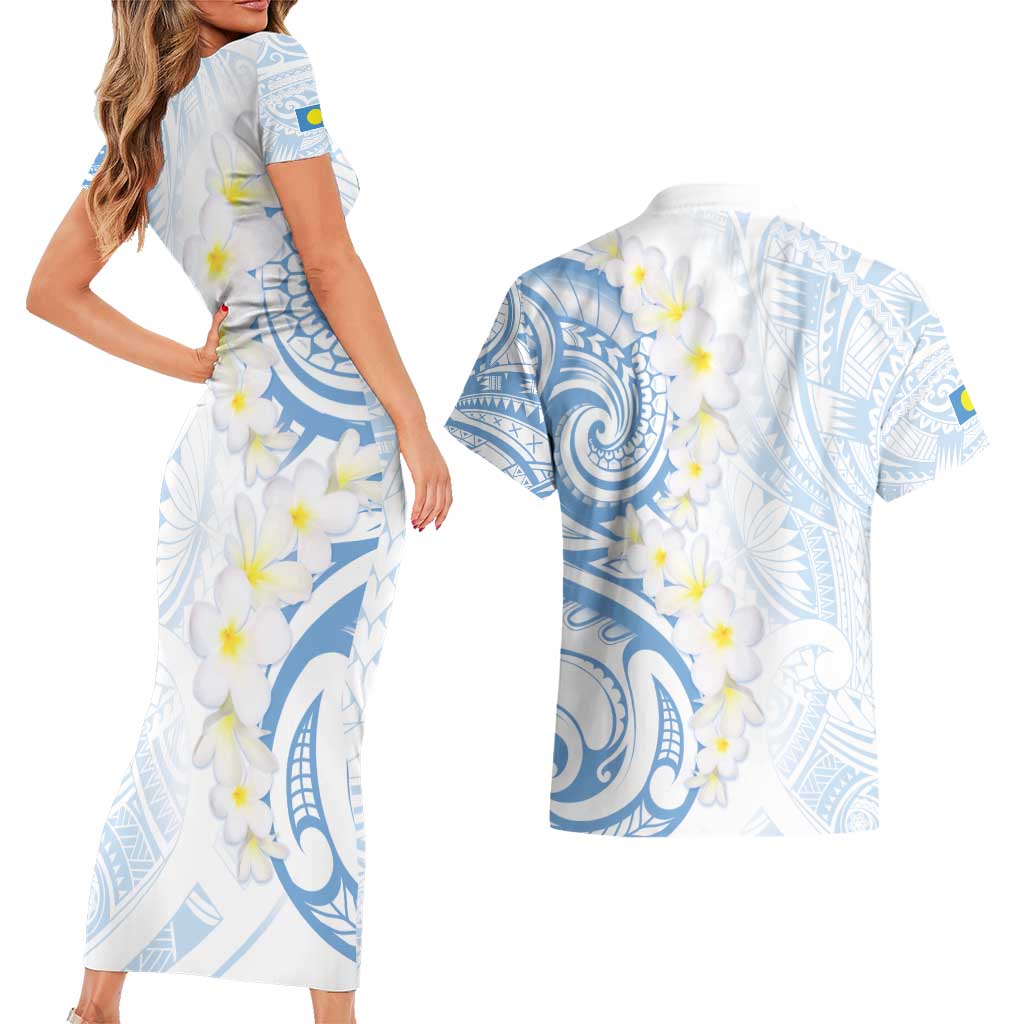 Palau 1981 Tribal Tattoo Couples Matching Short Sleeve Bodycon Dress and Hawaiian Shirt with Belau Plumeria Flowers LT9 - Polynesian Pride