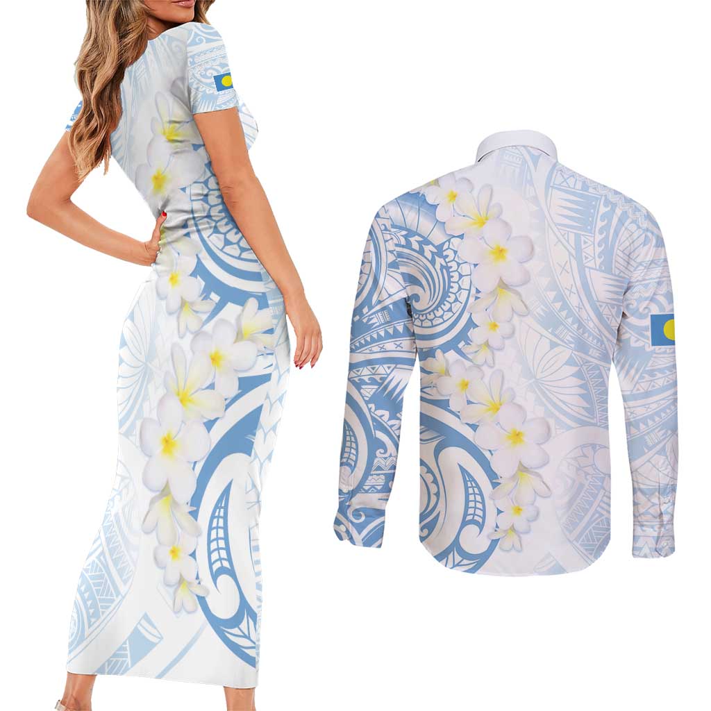 Palau 1981 Tribal Tattoo Couples Matching Short Sleeve Bodycon Dress and Long Sleeve Button Shirt with Belau Plumeria Flowers LT9 - Polynesian Pride