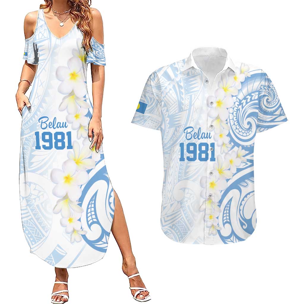 Palau 1981 Tribal Tattoo Couples Matching Summer Maxi Dress and Hawaiian Shirt with Belau Plumeria Flowers LT9 White - Polynesian Pride