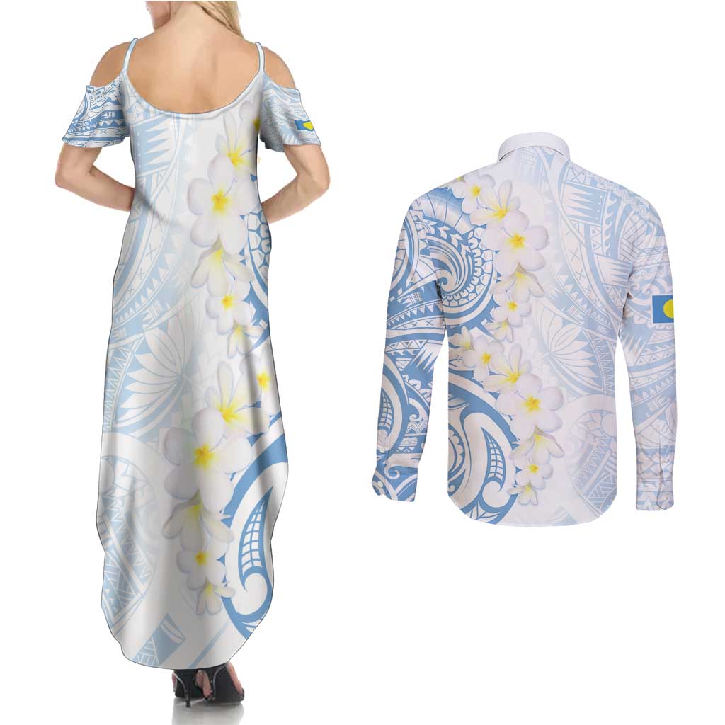 Palau 1981 Tribal Tattoo Couples Matching Summer Maxi Dress and Long Sleeve Button Shirt with Belau Plumeria Flowers LT9 - Polynesian Pride