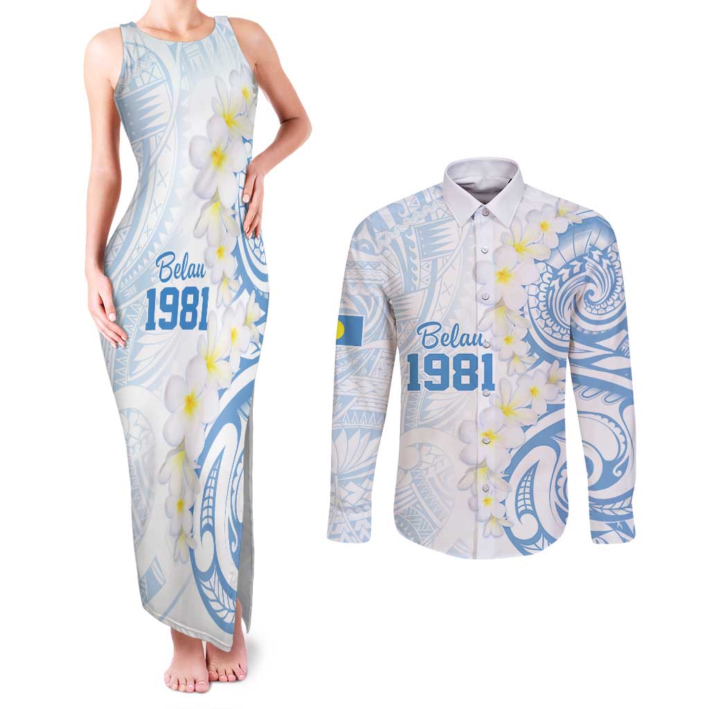 Palau 1981 Tribal Tattoo Couples Matching Tank Maxi Dress and Long Sleeve Button Shirt with Belau Plumeria Flowers LT9 White - Polynesian Pride