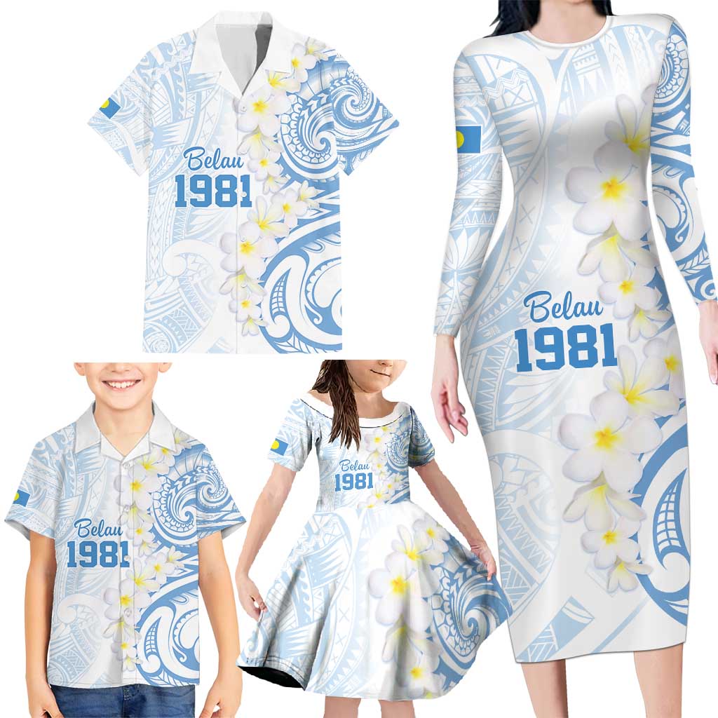 Palau 1981 Tribal Tattoo Family Matching Long Sleeve Bodycon Dress and Hawaiian Shirt with Belau Plumeria Flowers LT9 - Polynesian Pride