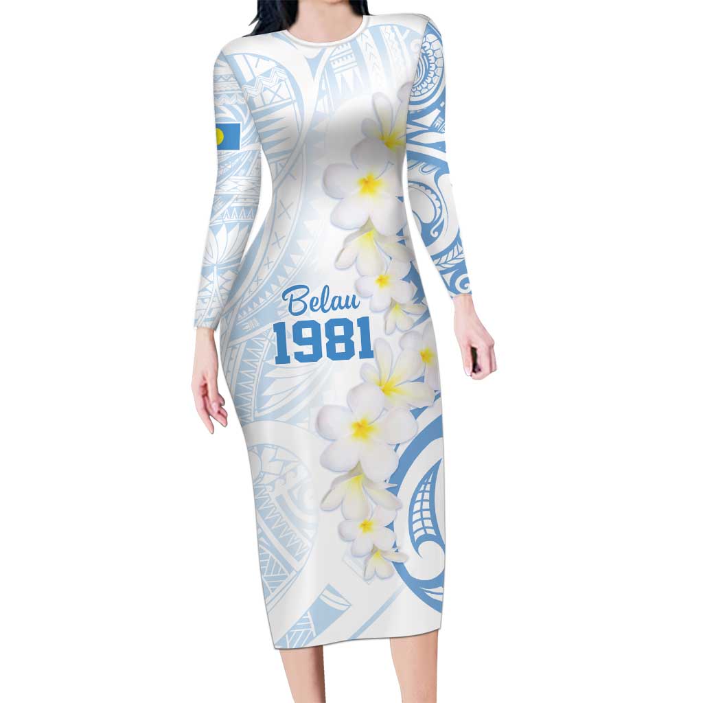 Palau 1981 Tribal Tattoo Family Matching Long Sleeve Bodycon Dress and Hawaiian Shirt with Belau Plumeria Flowers LT9 Mom's Dress White - Polynesian Pride