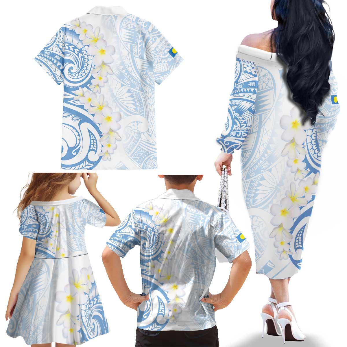Palau 1981 Tribal Tattoo Family Matching Off The Shoulder Long Sleeve Dress and Hawaiian Shirt with Belau Plumeria Flowers LT9 - Polynesian Pride