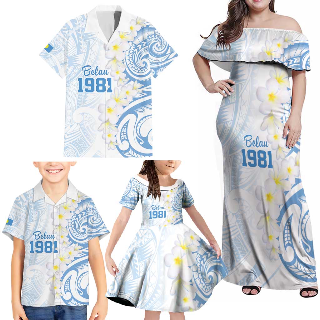 Palau 1981 Tribal Tattoo Family Matching Off Shoulder Maxi Dress and Hawaiian Shirt with Belau Plumeria Flowers LT9 - Polynesian Pride