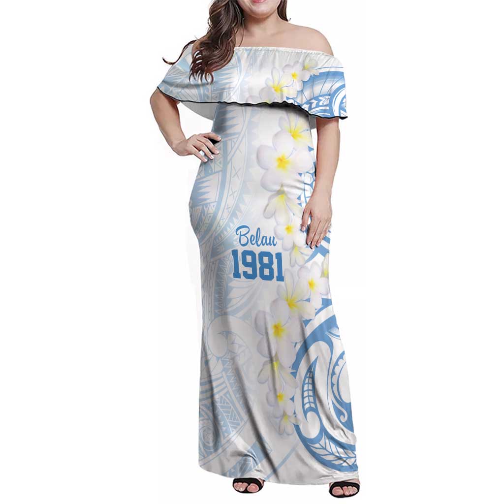Palau 1981 Tribal Tattoo Family Matching Off Shoulder Maxi Dress and Hawaiian Shirt with Belau Plumeria Flowers LT9 Mom's Dress White - Polynesian Pride