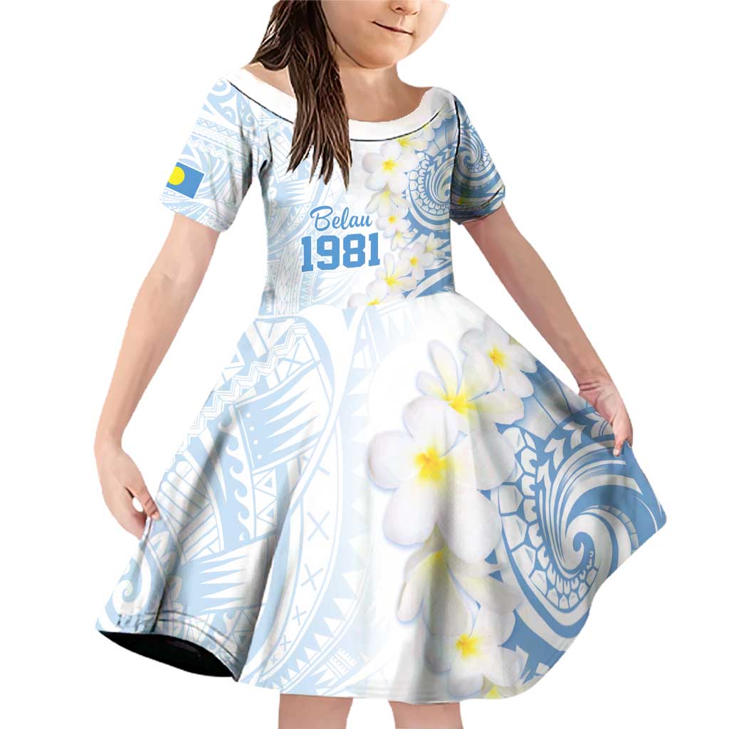 Palau 1981 Tribal Tattoo Family Matching Off Shoulder Short Dress and Hawaiian Shirt with Belau Plumeria Flowers LT9 Daughter's Dress White - Polynesian Pride