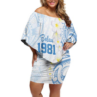 Palau 1981 Tribal Tattoo Family Matching Off Shoulder Short Dress and Hawaiian Shirt with Belau Plumeria Flowers LT9 Mom's Dress White - Polynesian Pride