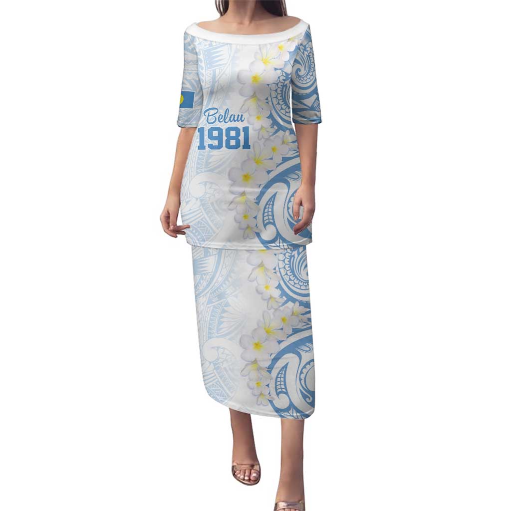 Palau 1981 Tribal Tattoo Family Matching Puletasi and Hawaiian Shirt with Belau Plumeria Flowers LT9 Mom's Dress White - Polynesian Pride