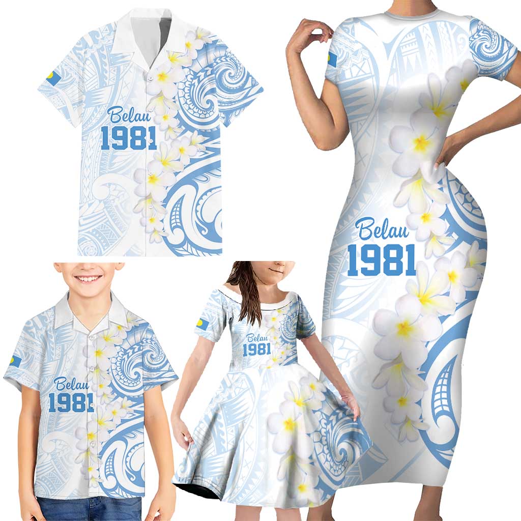 Palau 1981 Tribal Tattoo Family Matching Short Sleeve Bodycon Dress and Hawaiian Shirt with Belau Plumeria Flowers LT9 - Polynesian Pride