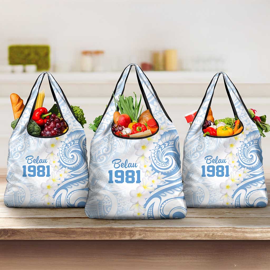 Palau 1981 Tribal Tattoo Grocery Bag with Belau Plumeria Flowers LT9 3-pack One Size White - Polynesian Pride