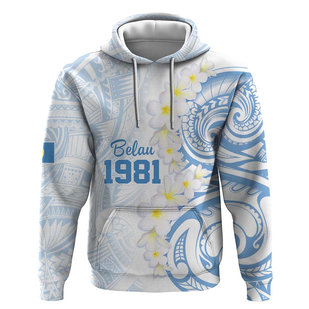 Palau 1981 Tribal Tattoo Hoodie with Belau Plumeria Flowers LT9 Pullover Hoodie White - Polynesian Pride
