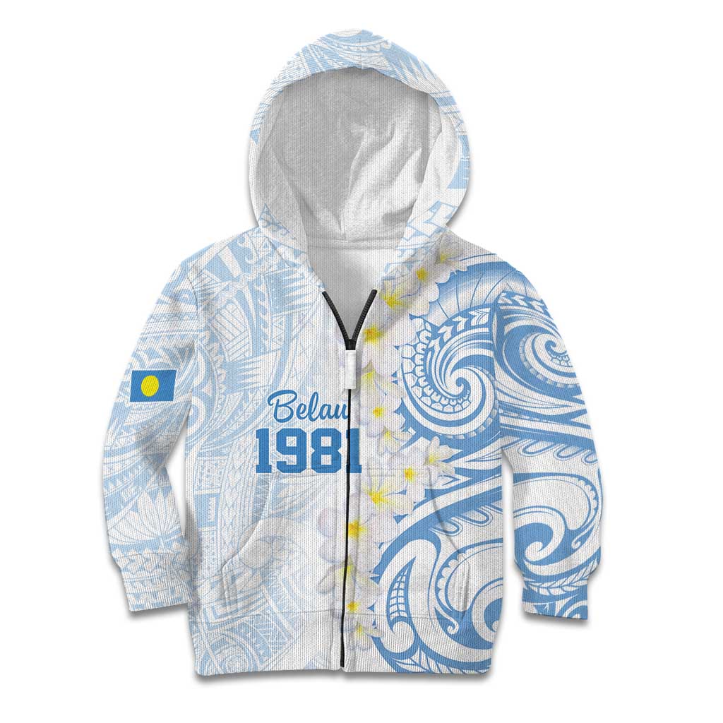 Palau 1981 Tribal Tattoo Kid Hoodie with Belau Plumeria Flowers LT9 Zip Hoodie White - Polynesian Pride