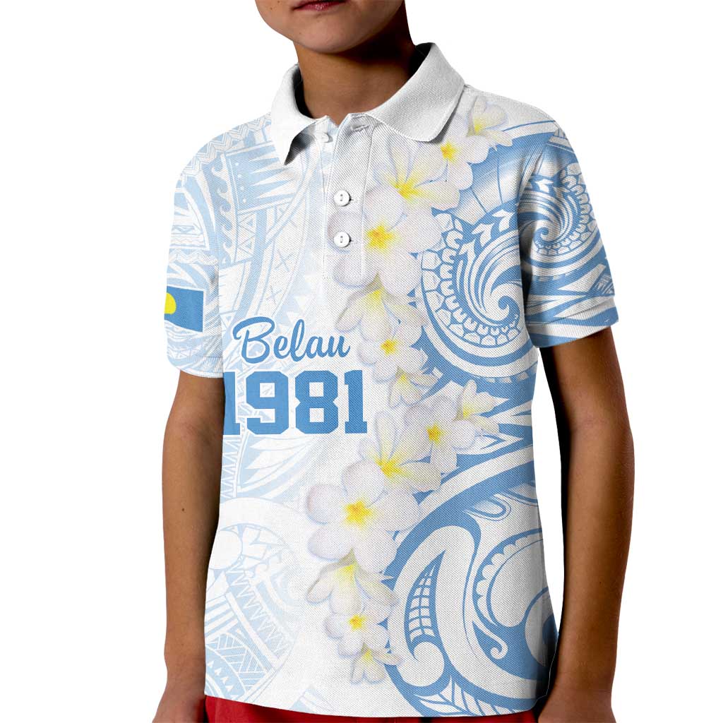 Palau 1981 Tribal Tattoo Kid Polo Shirt with Belau Plumeria Flowers LT9 Kid White - Polynesian Pride