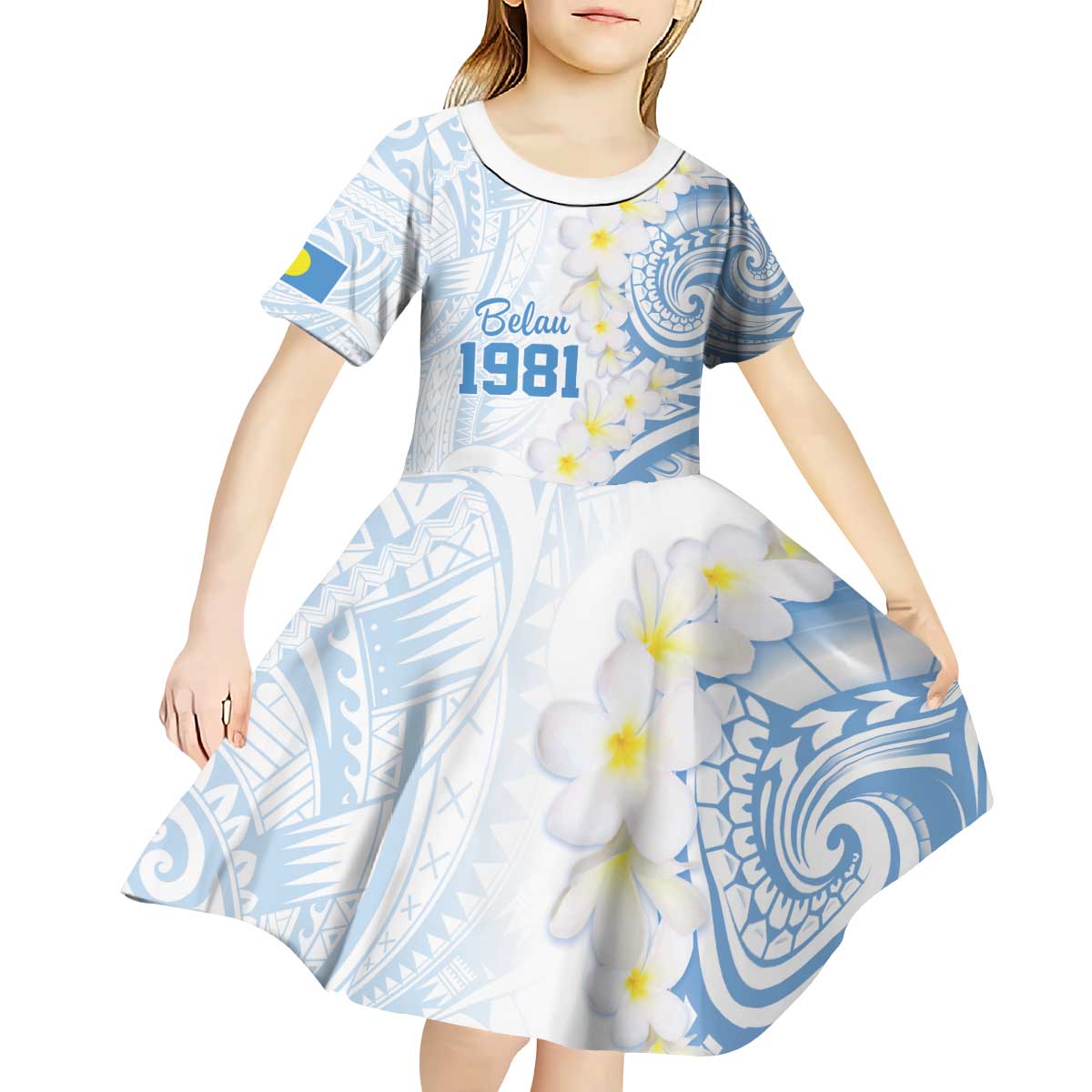 Palau 1981 Tribal Tattoo Kid Short Sleeve Dress with Belau Plumeria Flowers LT9 - Polynesian Pride