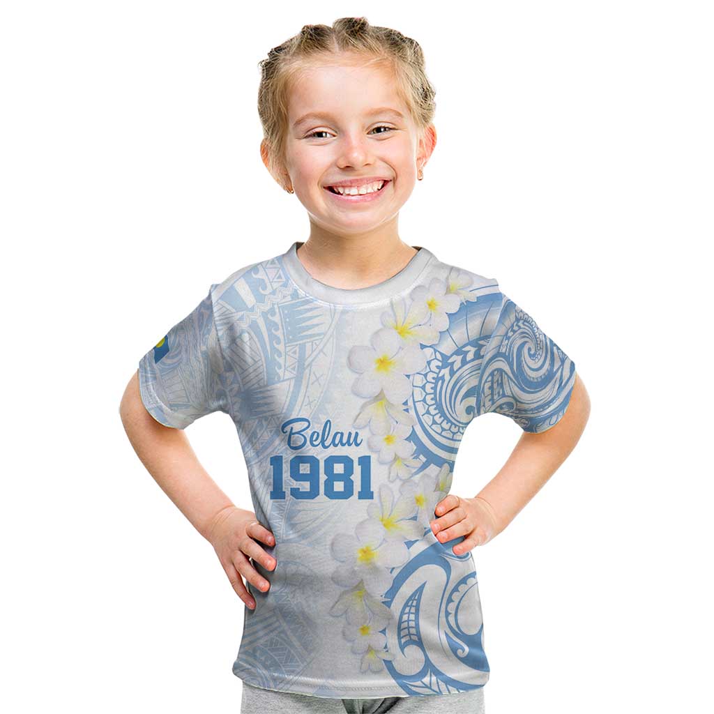 Palau 1981 Tribal Tattoo Kid T Shirt with Belau Plumeria Flowers LT9 White - Polynesian Pride
