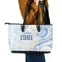 Palau 1981 Tribal Tattoo Leather Tote Bag with Belau Plumeria Flowers LT9 - Polynesian Pride