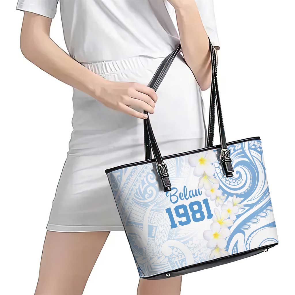 Palau 1981 Tribal Tattoo Leather Tote Bag with Belau Plumeria Flowers LT9 - Polynesian Pride