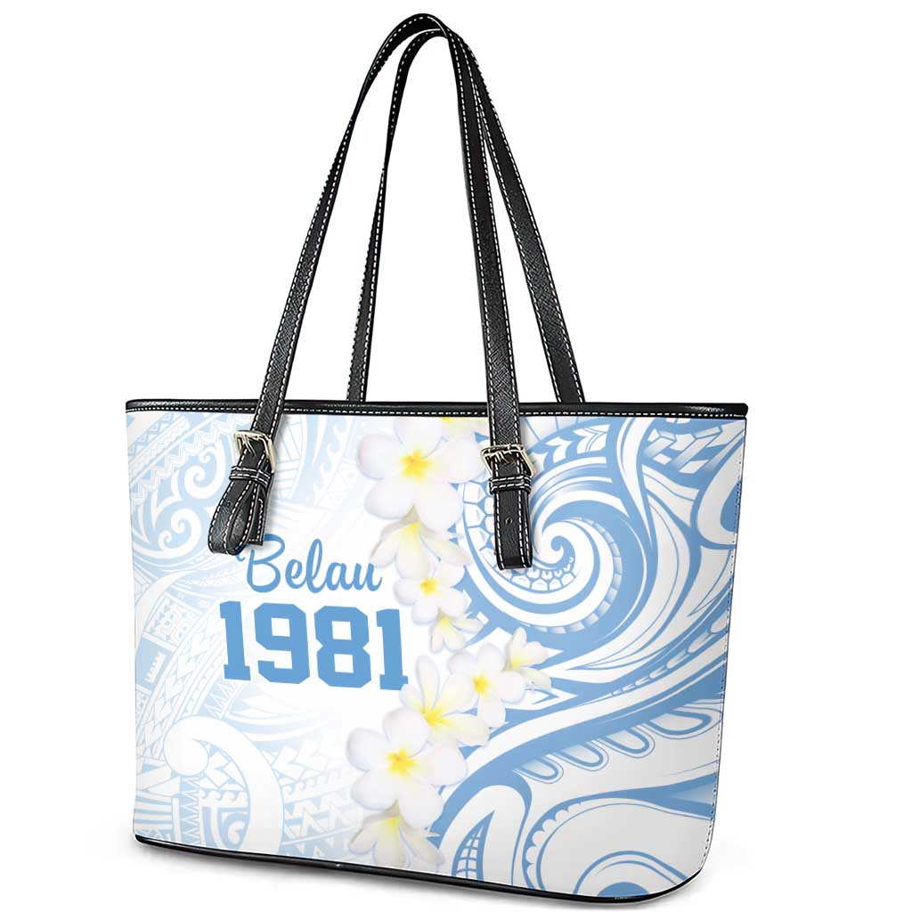 Palau 1981 Tribal Tattoo Leather Tote Bag with Belau Plumeria Flowers LT9 - Polynesian Pride