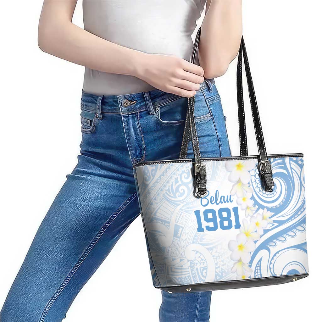 Palau 1981 Tribal Tattoo Leather Tote Bag with Belau Plumeria Flowers LT9 - Polynesian Pride