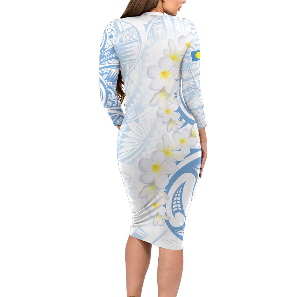 Palau 1981 Tribal Tattoo Long Sleeve Bodycon Dress with Belau Plumeria Flowers LT9 - Polynesian Pride