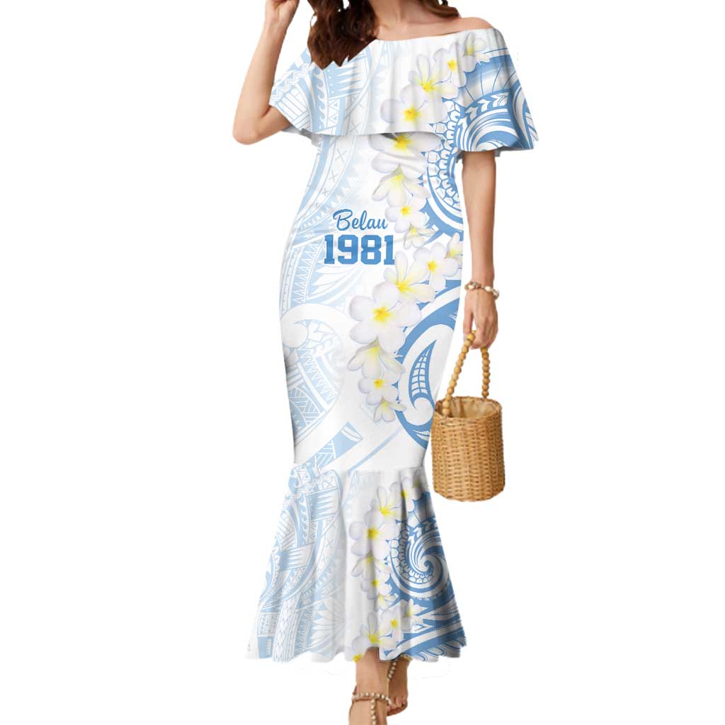 Palau 1981 Tribal Tattoo Mermaid Dress with Belau Plumeria Flowers LT9 Women White - Polynesian Pride
