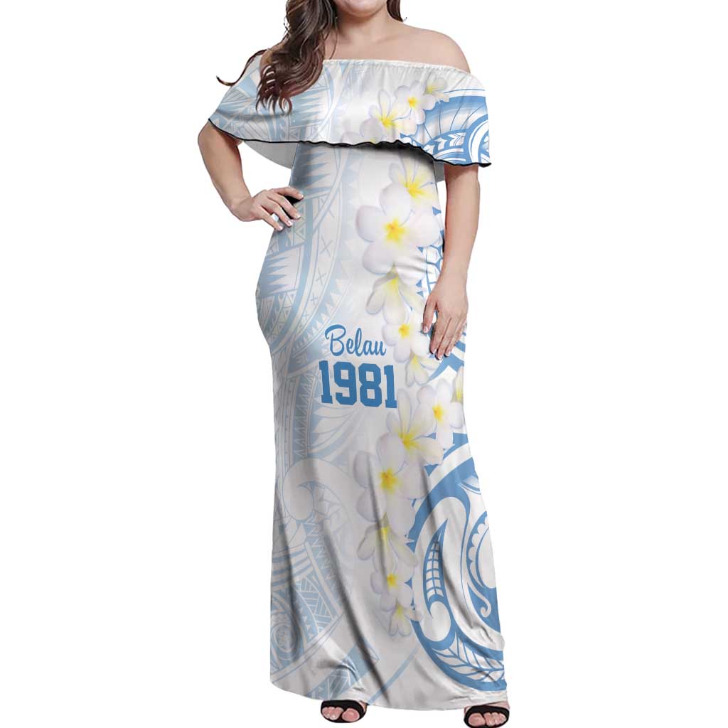 Palau 1981 Tribal Tattoo Off Shoulder Maxi Dress with Belau Plumeria Flowers LT9 Women White - Polynesian Pride