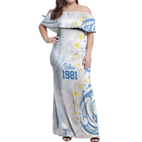 Palau 1981 Tribal Tattoo Off Shoulder Maxi Dress with Belau Plumeria Flowers LT9 Women White - Polynesian Pride