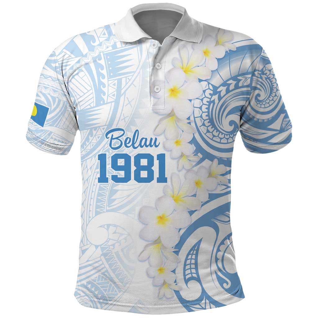 Palau 1981 Tribal Tattoo Polo Shirt with Belau Plumeria Flowers LT9 White - Polynesian Pride