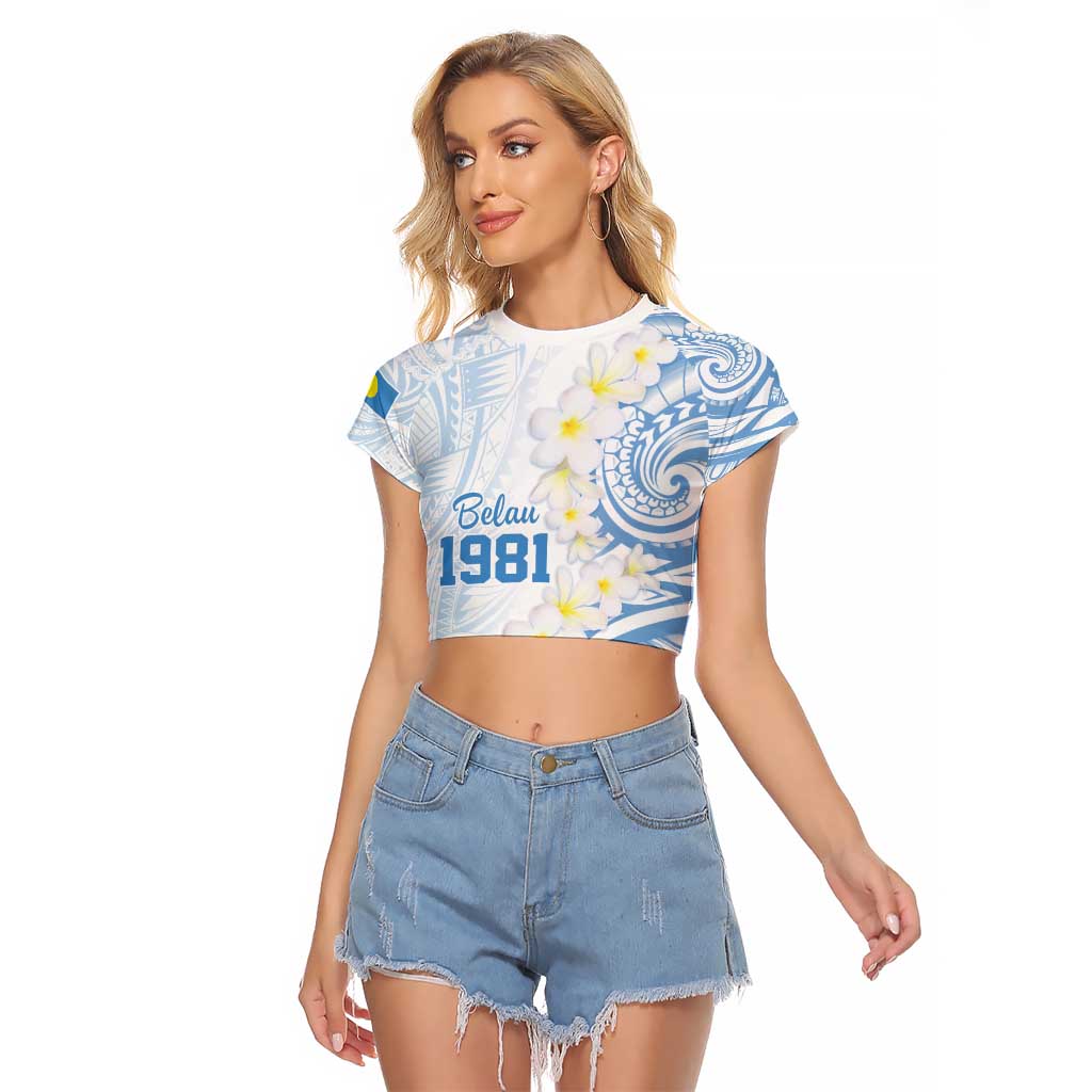 Palau 1981 Tribal Tattoo Raglan Cropped T Shirt with Belau Plumeria Flowers LT9 Female White - Polynesian Pride