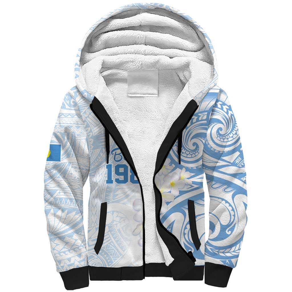 Palau 1981 Tribal Tattoo Sherpa Hoodie with Belau Plumeria Flowers LT9 Unisex White - Polynesian Pride