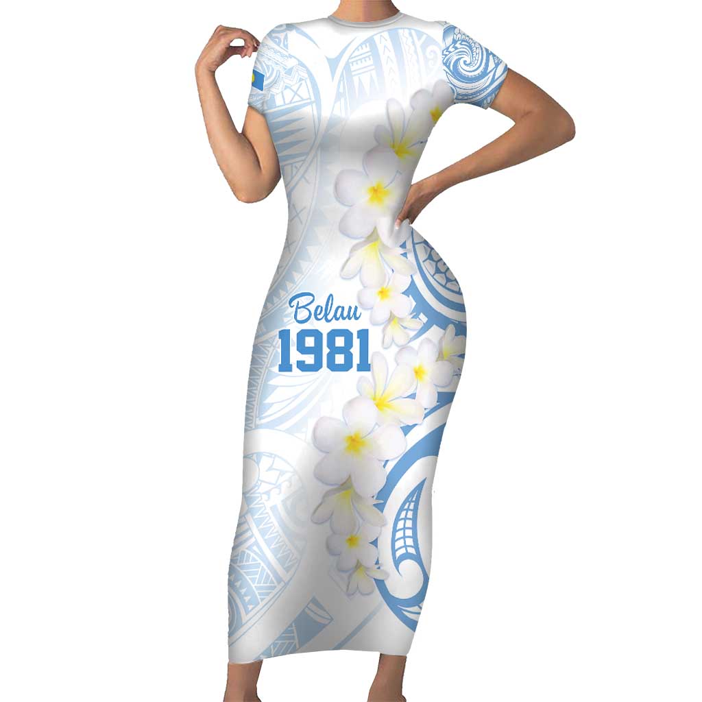 Palau 1981 Tribal Tattoo Short Sleeve Bodycon Dress with Belau Plumeria Flowers LT9 Long Dress White - Polynesian Pride
