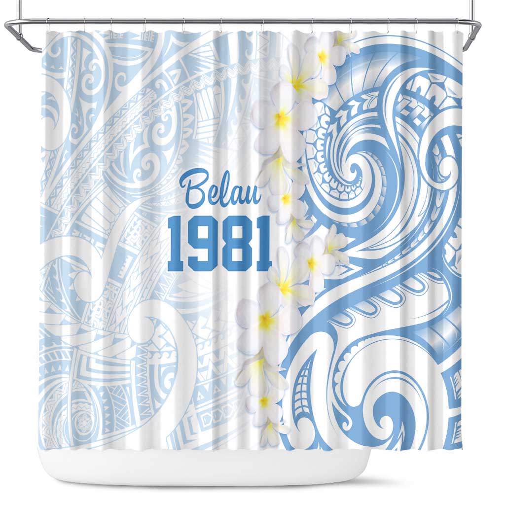 Palau 1981 Tribal Tattoo Shower Curtain with Belau Plumeria Flowers LT9 White - Polynesian Pride