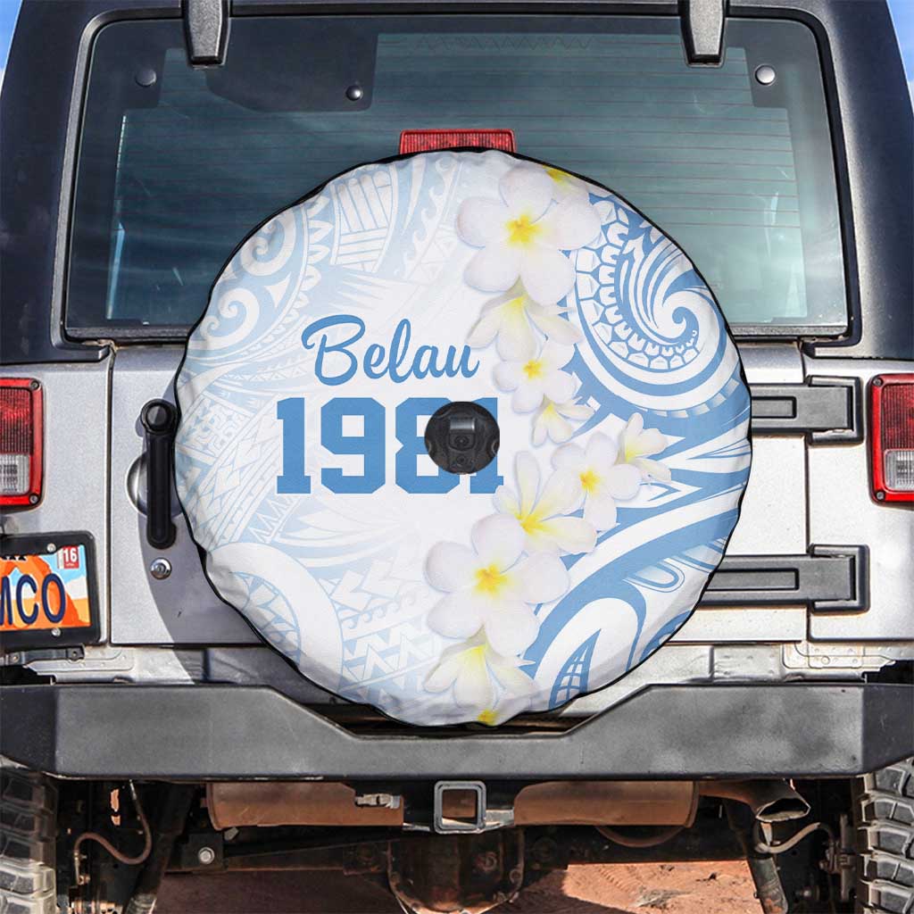 Palau 1981 Tribal Tattoo Spare Tire Cover with Belau Plumeria Flowers LT9 White - Polynesian Pride