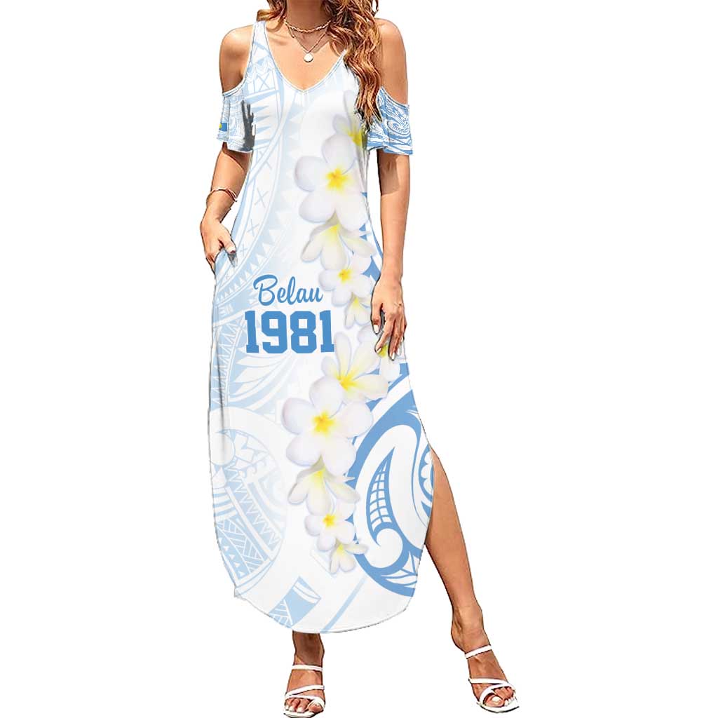 Palau 1981 Tribal Tattoo Summer Maxi Dress with Belau Plumeria Flowers LT9 Women White - Polynesian Pride
