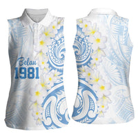 Palau 1981 Tribal Tattoo Women Sleeveless Polo Shirt with Belau Plumeria Flowers LT9 - Polynesian Pride