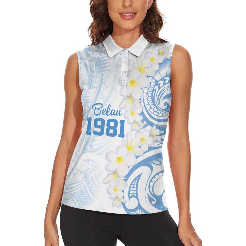 Palau 1981 Tribal Tattoo Women Sleeveless Polo Shirt with Belau Plumeria Flowers LT9 - Polynesian Pride