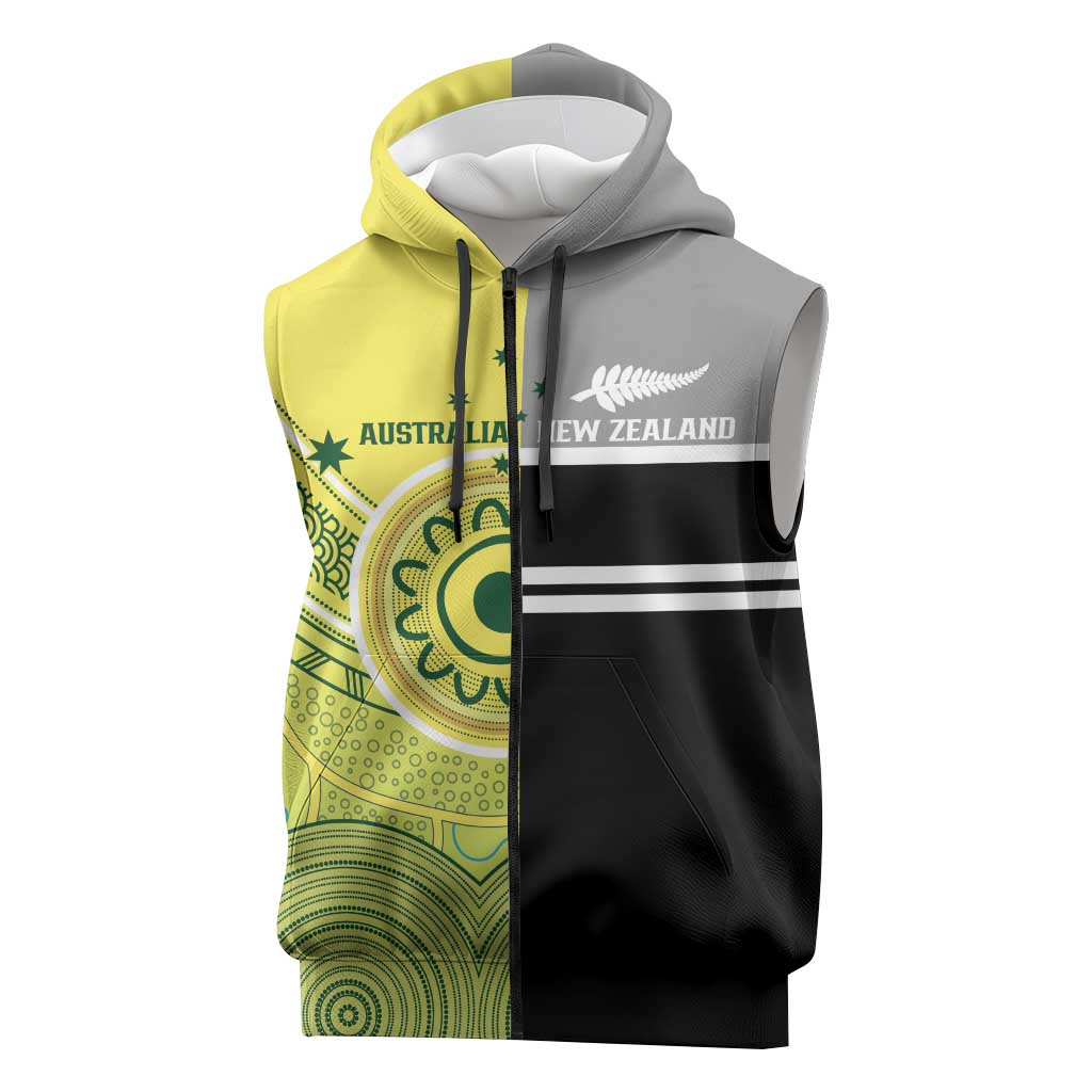 Custom Cricket AUNZ Spirit Sleeveless Zip Hoodie Aussie New Zealand Retro Edition LT9 Black - Polynesian Pride