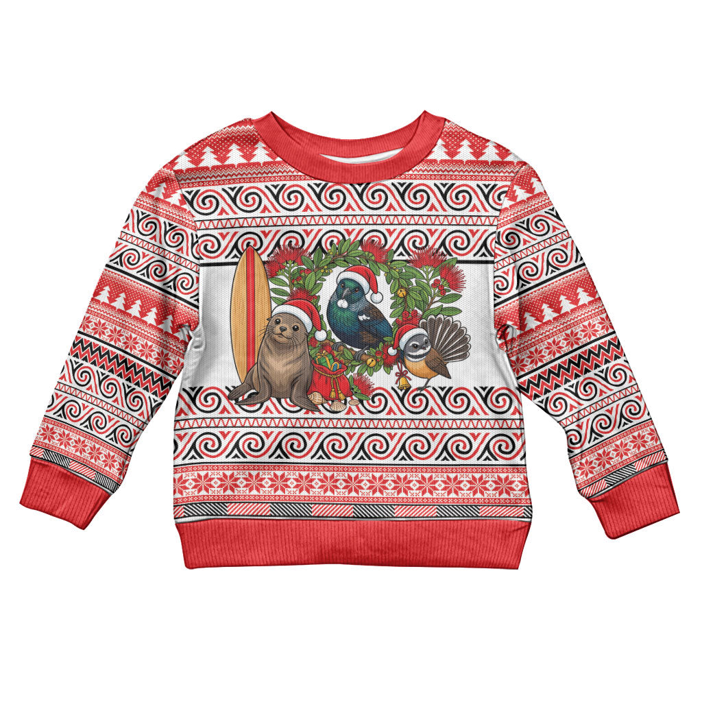 New Zealand Animal Christmas Kid Ugly Christmas Sweater Maori Inspired Kowhaiwhai Patterns LT9 Kid Red - Polynesian Pride