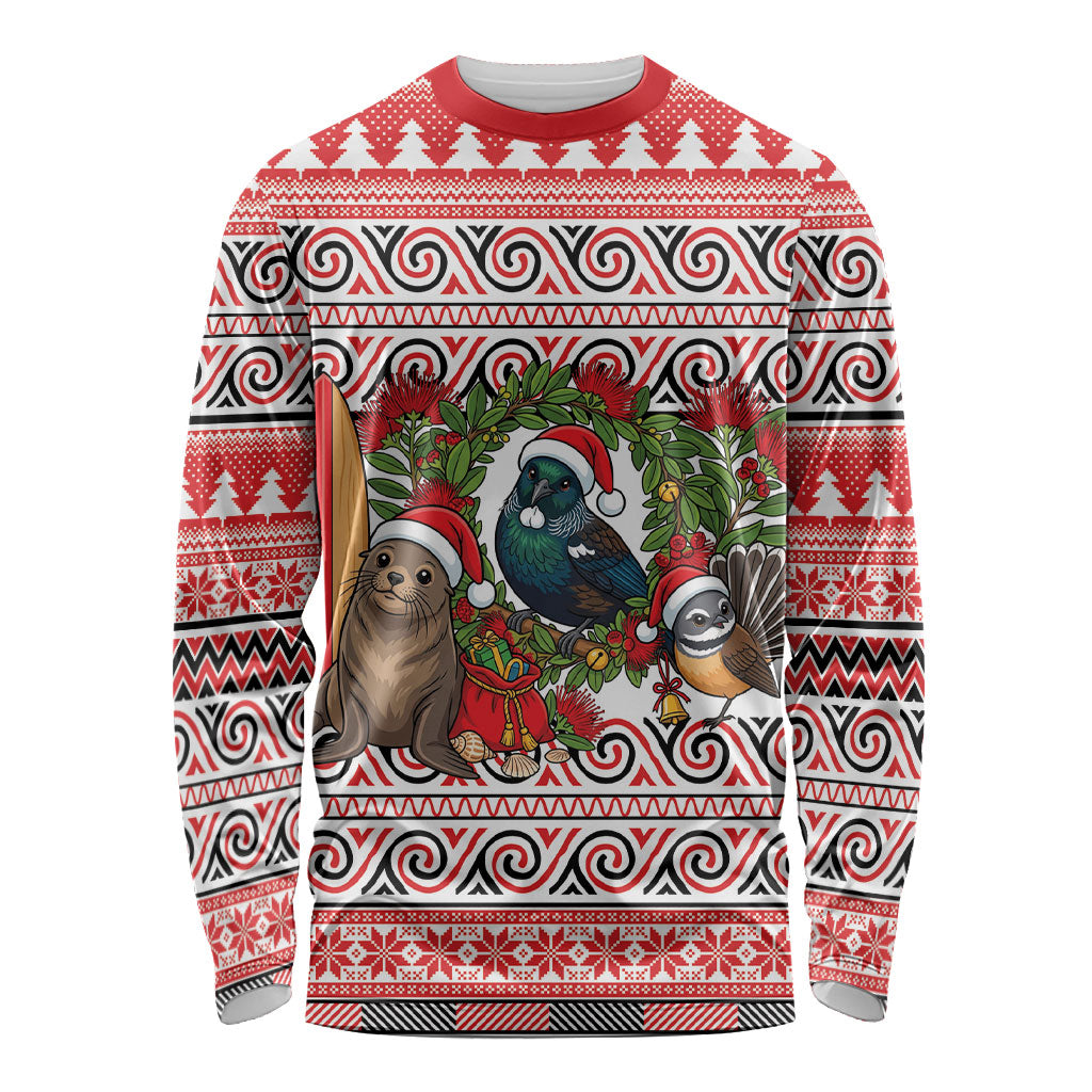 New Zealand Animal Christmas Long Sleeve Shirt Maori Inspired Kowhaiwhai Patterns LT9 Unisex Red - Polynesian Pride