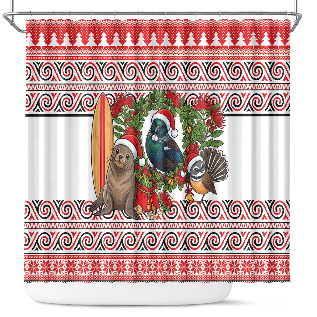 New Zealand Animal Christmas Shower Curtain Maori Inspired Kowhaiwhai Patterns LT9 Red - Polynesian Pride