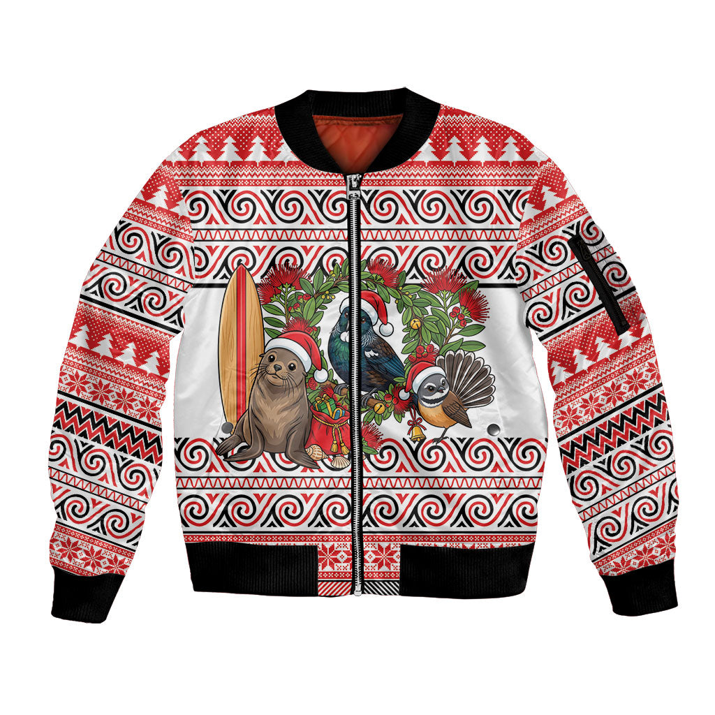 New Zealand Animal Christmas Sleeve Zip Bomber Jacket Maori Inspired Kowhaiwhai Patterns LT9 Unisex Red - Polynesian Pride