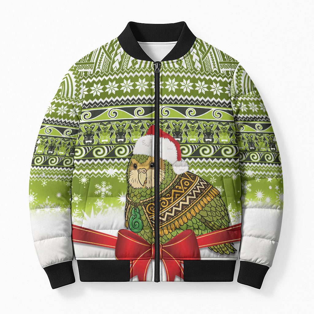 New Zealand Kakapo Christmas Bomber Puffer Jacket Maori Inspired Knitted Patterns LT9 Unisex Green - Polynesian Pride